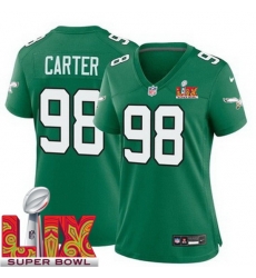 Women Philadelphia Eagles Jalen Carter #98 Kelly Green 2024 2025 Super Bowl LIX F U S E Stitched NFL Jersey