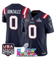 Men New England Patriots 0 Christian Gonzalez Navy 2025 F U S E  Super Bowl LX Patch And USA 250 27 Patch Vapor Limited Football Stitched Jersey