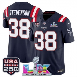 Men New England Patriots 38 Rhamondre Stevenson Navy 2025 F U S E  Super Bowl LX Patch And USA 250 27 Patch Vapor Limited Football Stitched Jersey