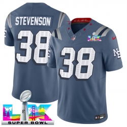 Men New England Patriots 38 Rhamondre Stevenson Storm Blue 2025 F U S E  Super Bowl LX Patch  Rivalries Vapor Limited Stitched Football Jersey