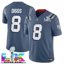 Men New England Patriots 8 Stefon Diggs Storm Blue 2025 F U S E  Super Bowl LX Patch  Rivalries Vapor Limited Stitched Football Jersey