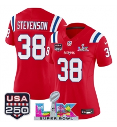 Women New England Patriots 38 Rhamondre Stevenson Red 2025 F U S E  Super Bowl LX Patch And USA 250 27 Patch Vapor Limited Football Stitched Jersey 