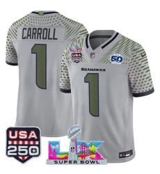Men Seattle Seahawks 1 Pete Carroll Gray 2025 F U S E Super Bowl LX US 250th anniversary Patch And 50th Season Patch Rivalries Vapor Limited Football Stit Men Seattle Seahawks 1 Pete Carroll Gray 2025 F U S E Super Bowl LX US 250th anniversary Patch And 50th Season Patch Rivalries Vapor Limited Football Stit