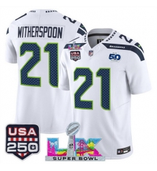 Youth Seattle Seahawks 21 Devon Witherspoon White 2025 F U S E Super Bowl LX Patch And 50th Season USA 250 Patch Vapor Limited Stitched Football Jersey Youth Seattle Seahawks 21 Devon Witherspoon White 2025 F U S E Super Bowl LX Patch And 50th Season USA 250 Patch Vapor Limited Stitched Football Jersey