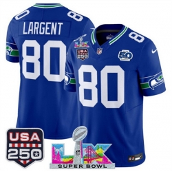 Youth Seattle Seahawks 80 Steve Largent Royal 2025 F U S E  Super Bowl LX Patch And 50th Season  USA 250 Patch Vapor Throwback Limited Stitched Football Je
